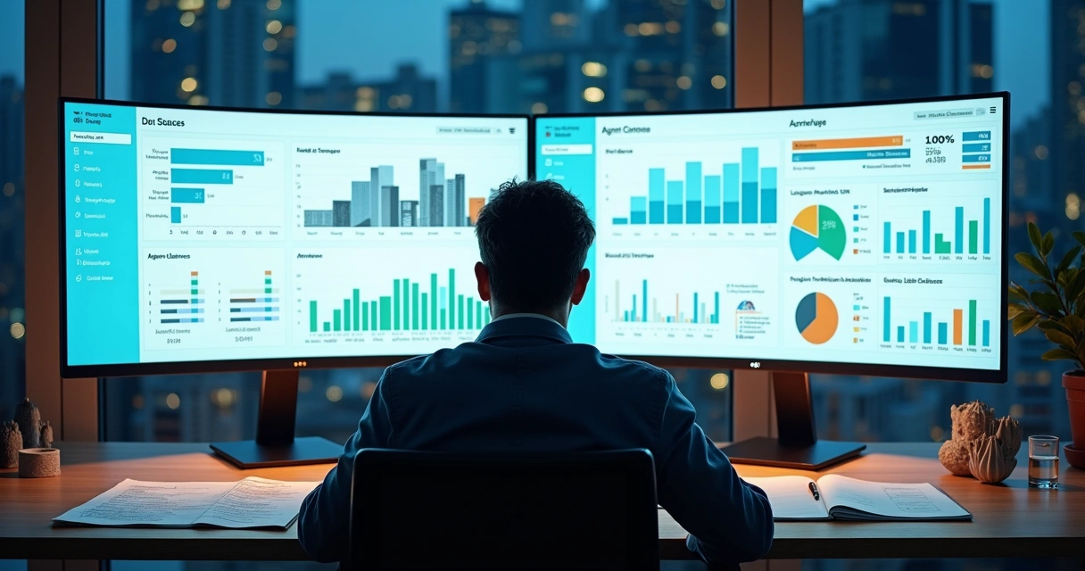 Gestor imobiliário analisa dois dashboards de CRM comparando relatórios em tela wide 