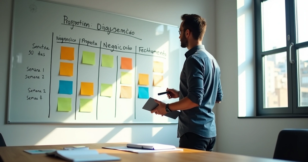 Gestor desenhando cronograma de processo de vendas em quadro kanban 