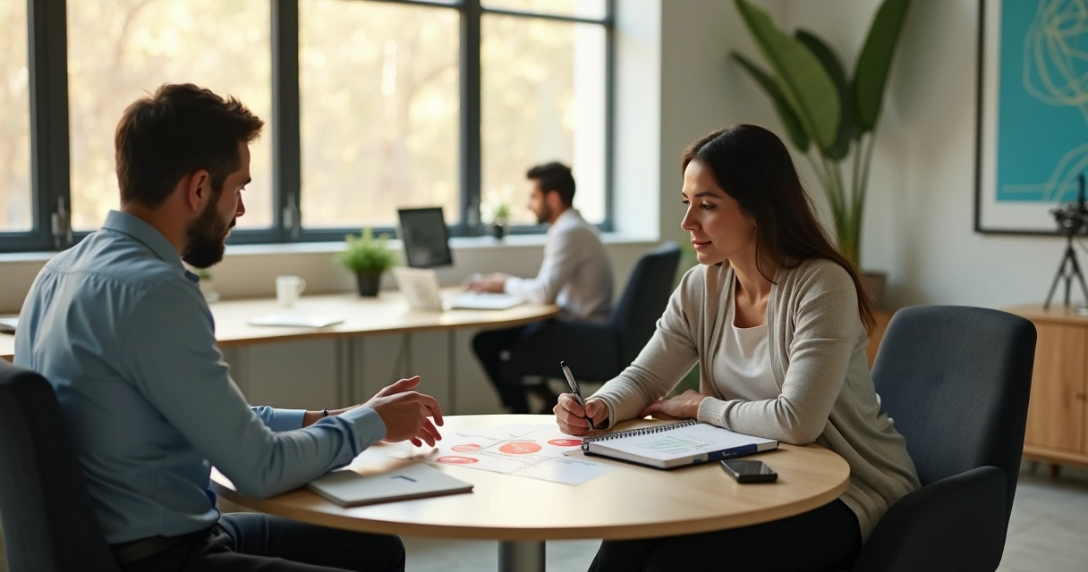 Gestor conversa com funcionária marcando áreas doloridas no corpo em escritório moderno 