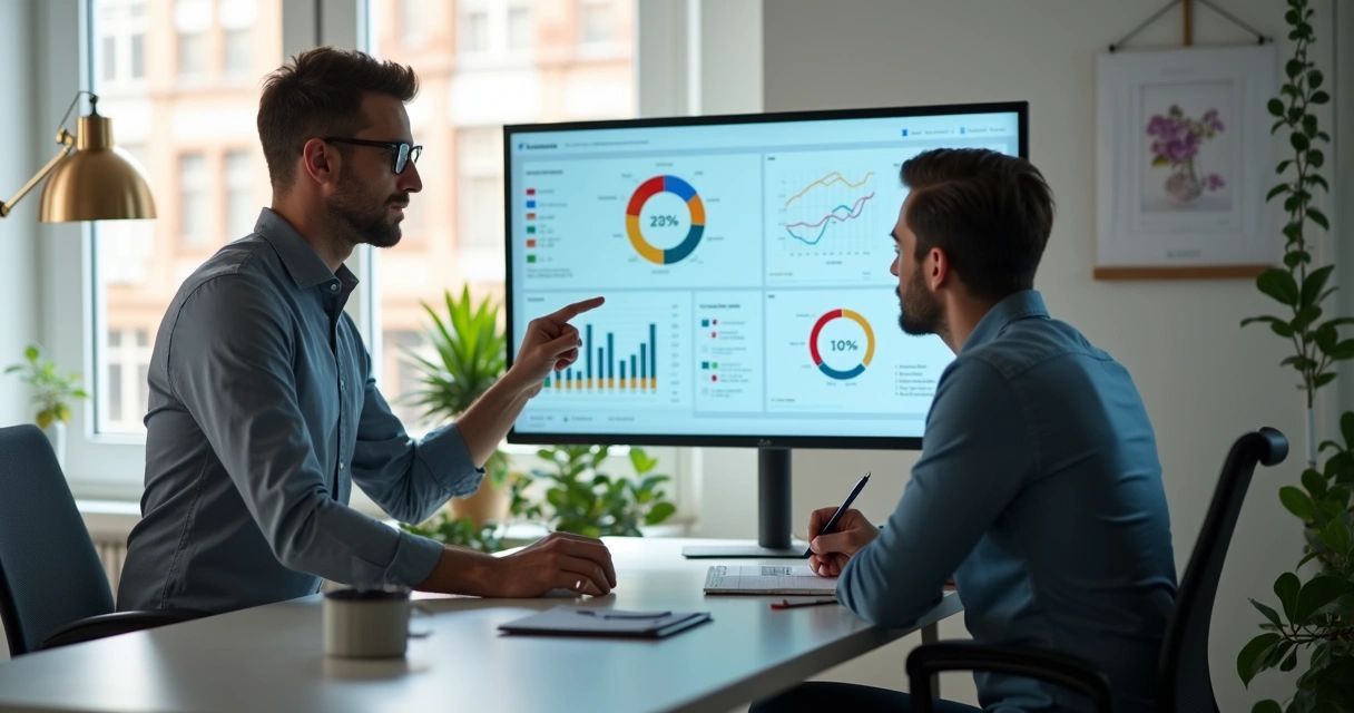 Gestor mentorando vendedor de agência, apontando dados em tela de computador em ambiente moderno.