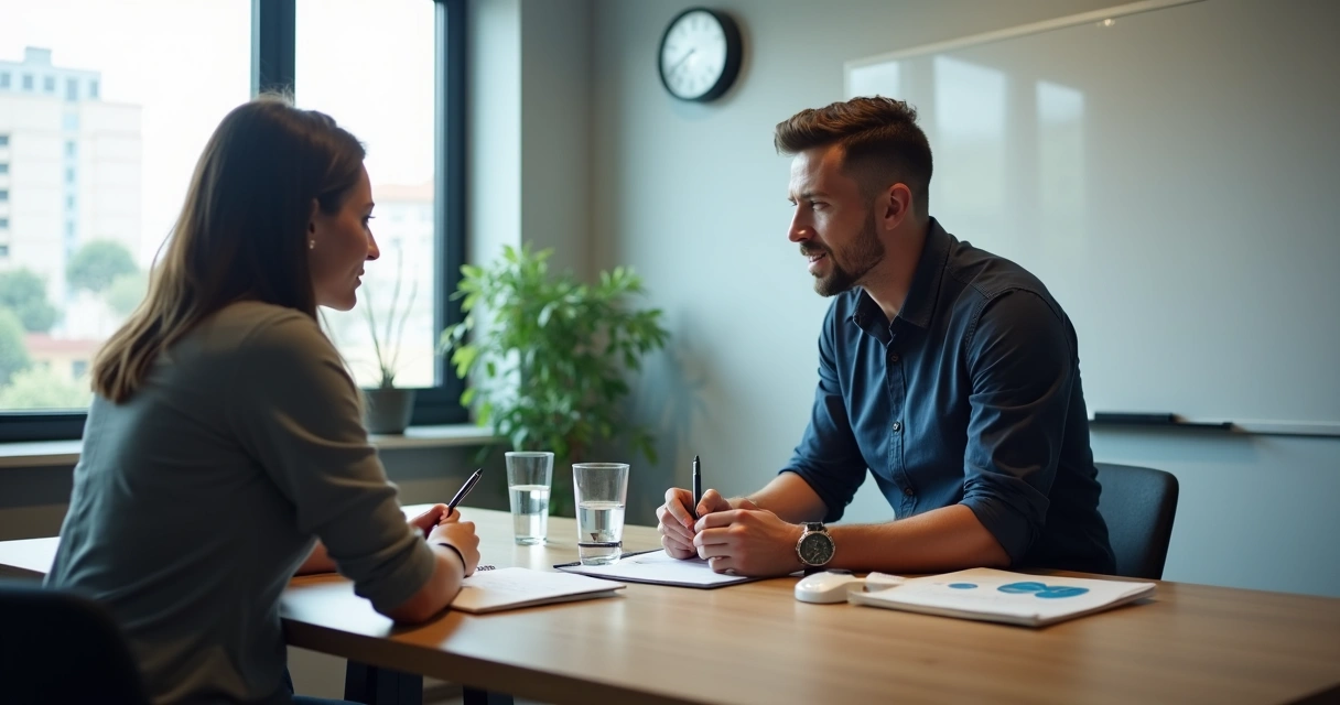Gestor de PME conversando com funcionária em sala de reunião pequena e discreta 