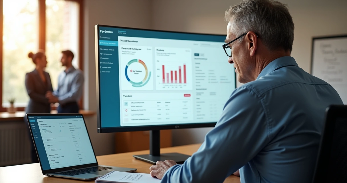 Gestor de PME analisando dashboard com indicador em atraso destacado em vermelho 