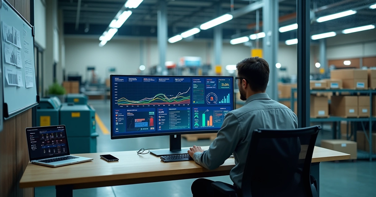 Gestor observando dashboard industrial com gráficos coloridos em tela ampla 