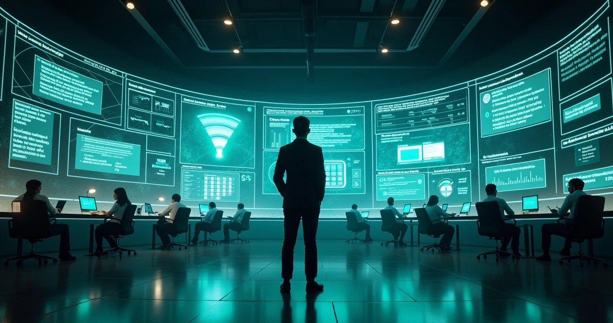 Gestor observa painel 3D com dados de vendas conectados a ícones de WhatsApp e IA 