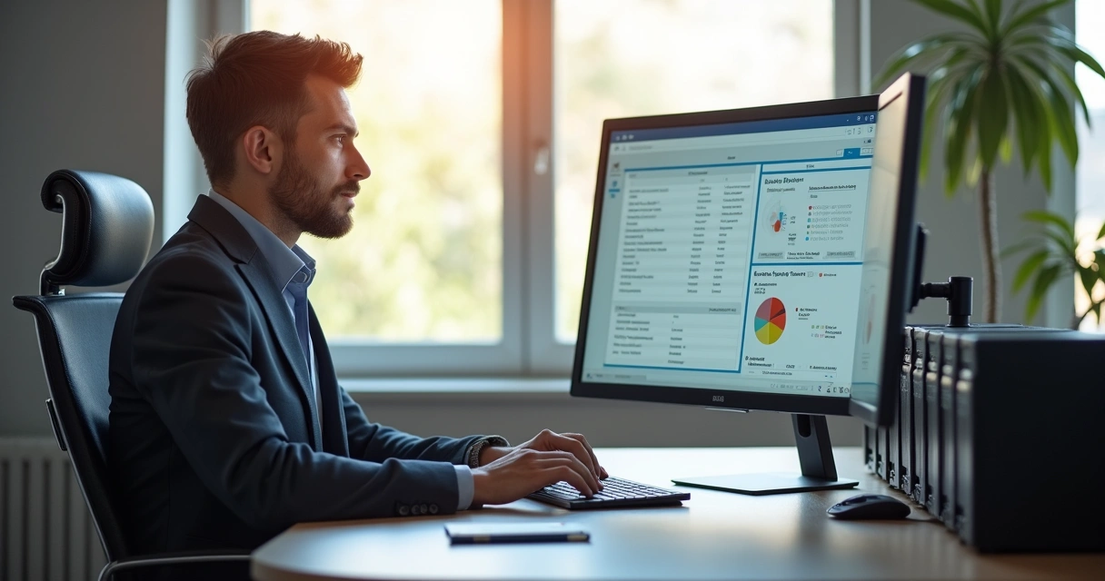 Gestor de tecnologia da informação fazendo backup via painel web em empresa moderna 