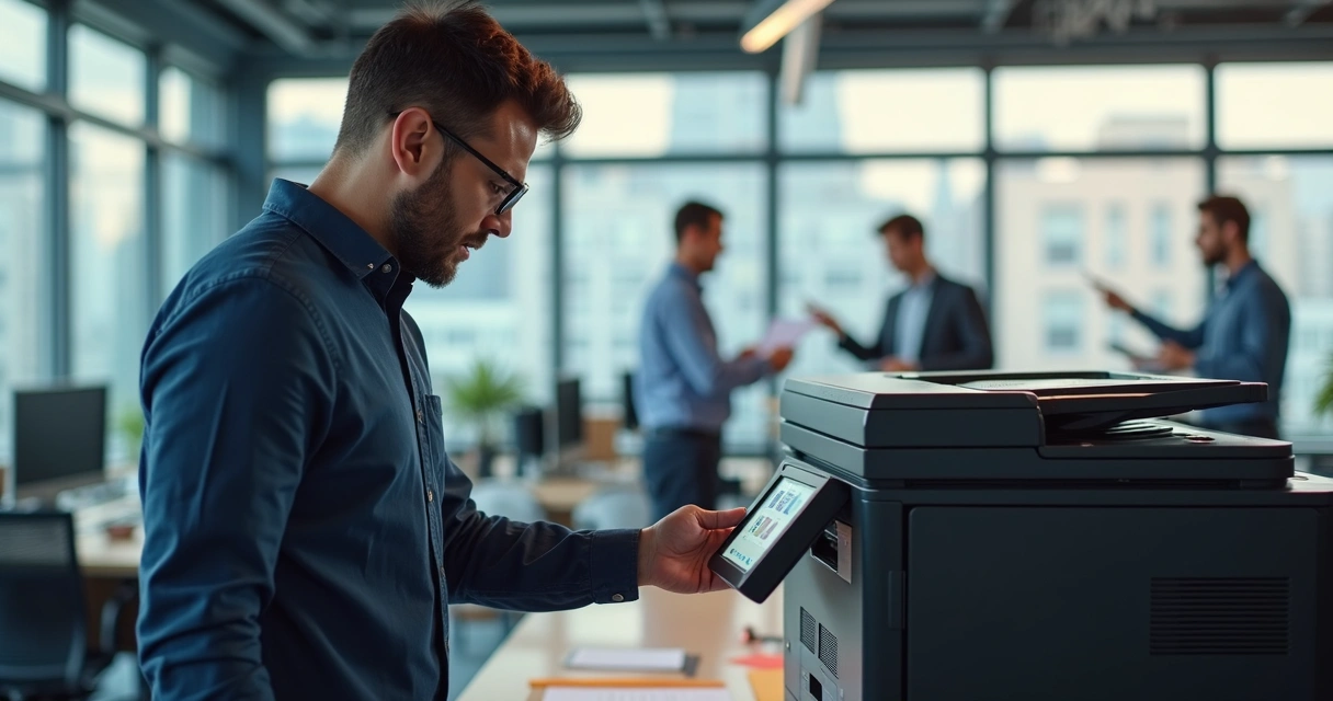 Gestor de TI observando painel de impressora moderna 
