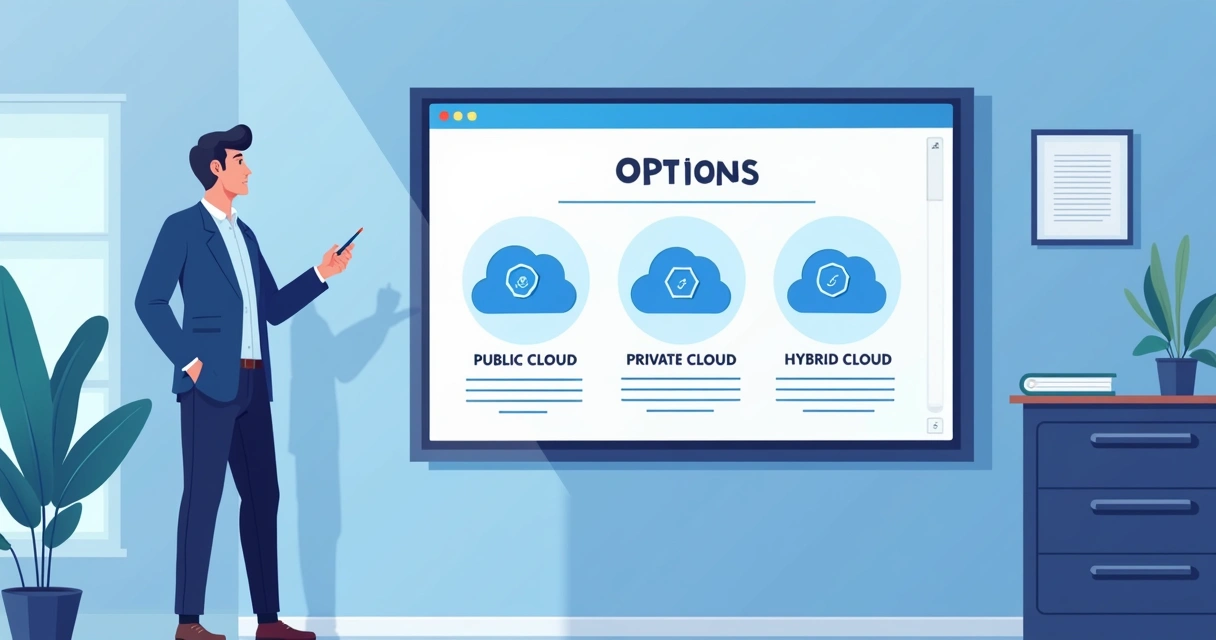 Gestor de TI analisando telão com opções de nuvem pública, privada e híbrida 