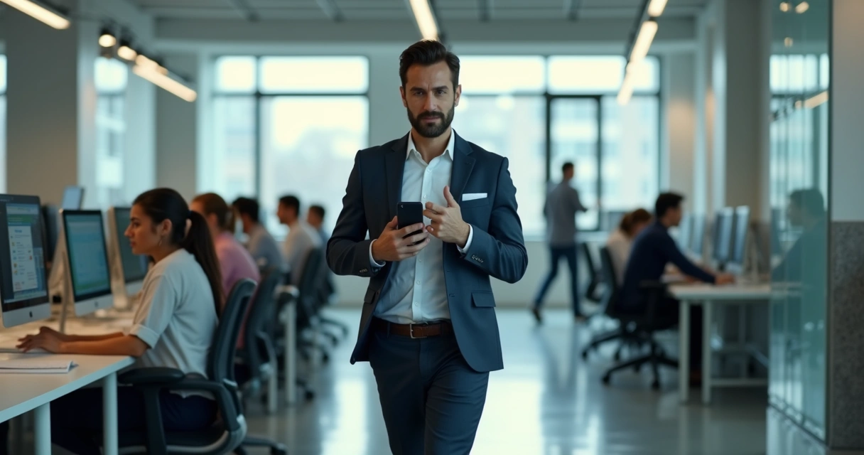 Gestor olhando smartphone enquanto caminha, tela mostra números de vendas