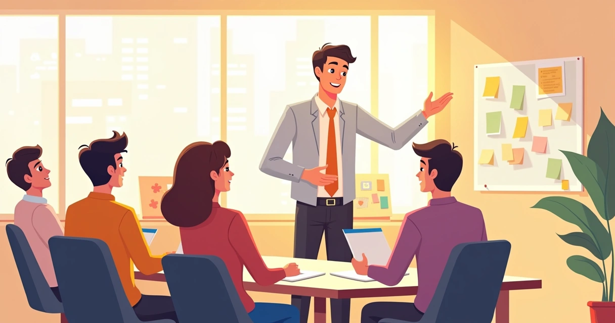 Gestor orientando grupo de colaboradores em mesa de reunião 