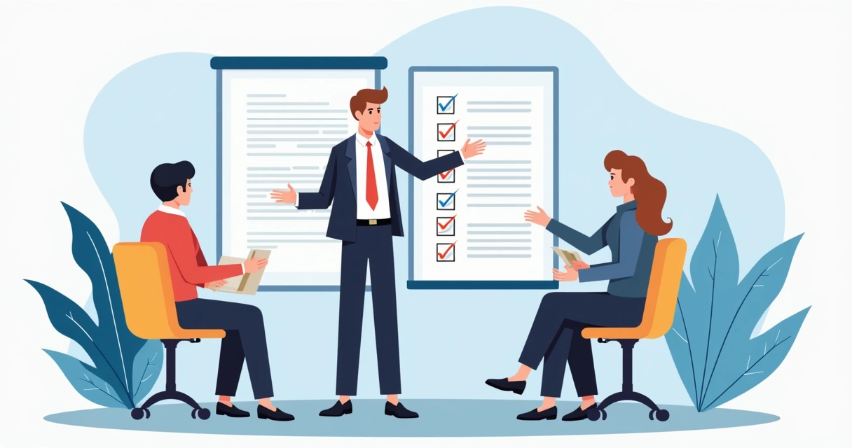 Gestor delegando atividades a uma equipe, ao lado de quadro de prioridades. 