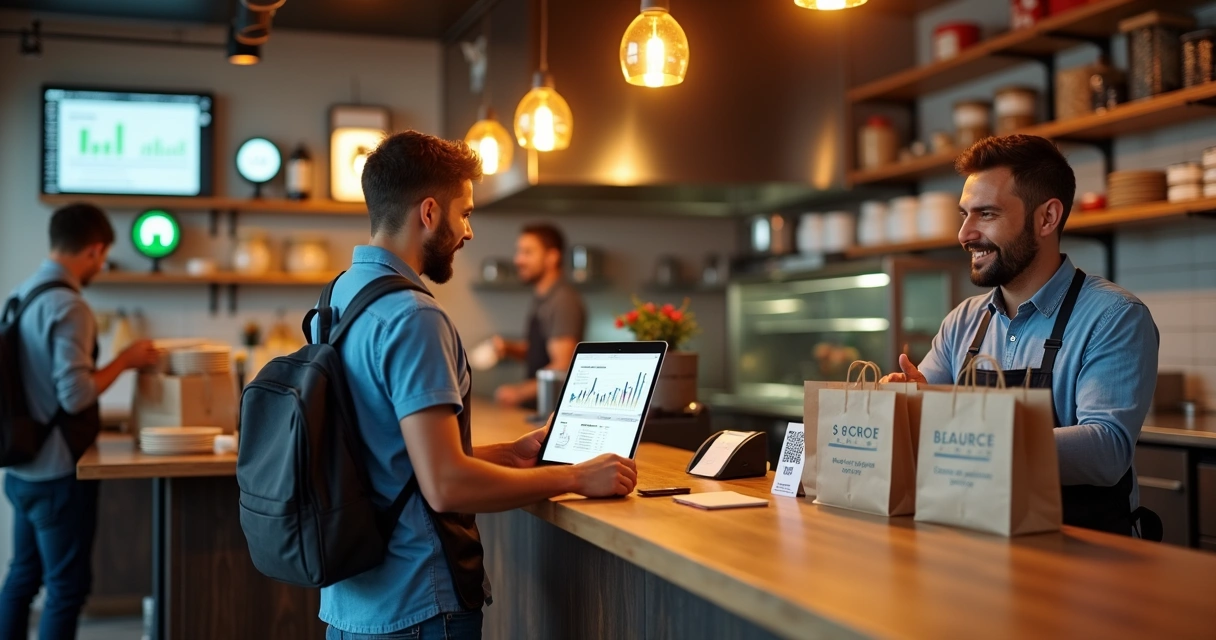 Gestor de delivery analisando vendas em tablet com pedidos chegando no balcão 