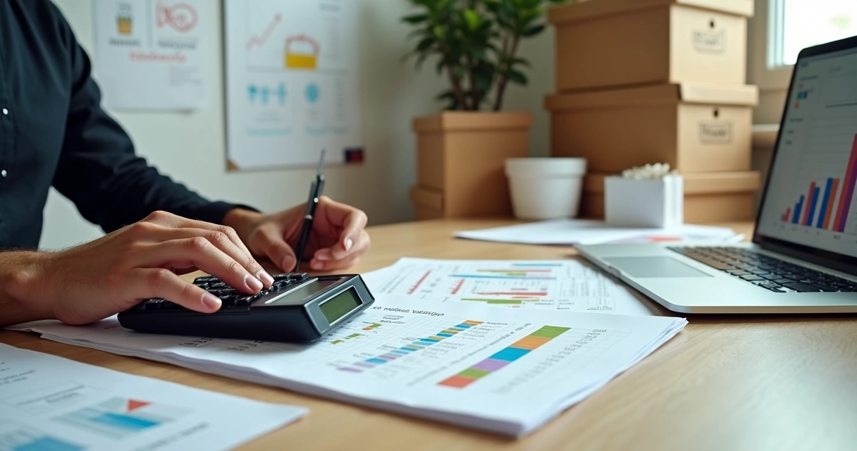 Gestor de delivery usando calculadora e analisando gráficos de custos em mesa de escritório 