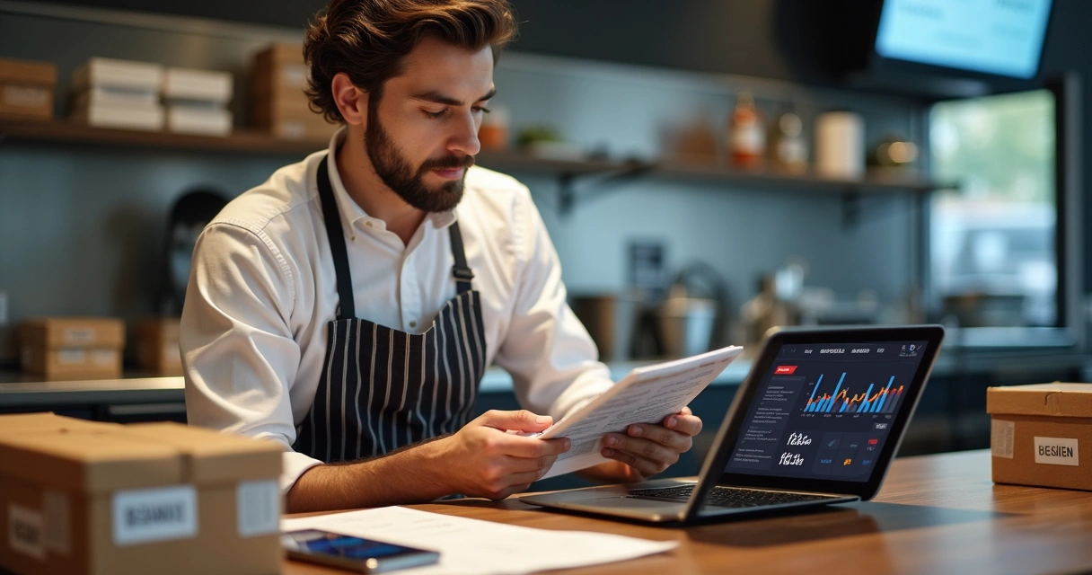 Gestor de restaurante analisando checklist e gráficos em tablet na cozinha do delivery 