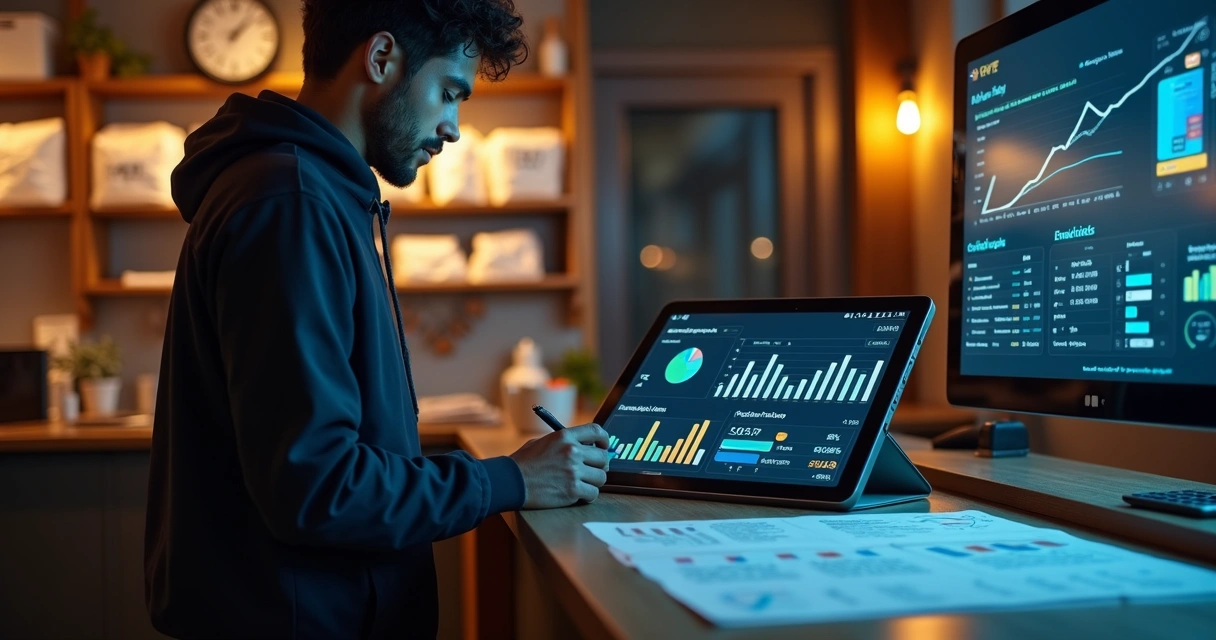 Gestor de delivery analisando painel financeiro com gráficos e números em tablet 