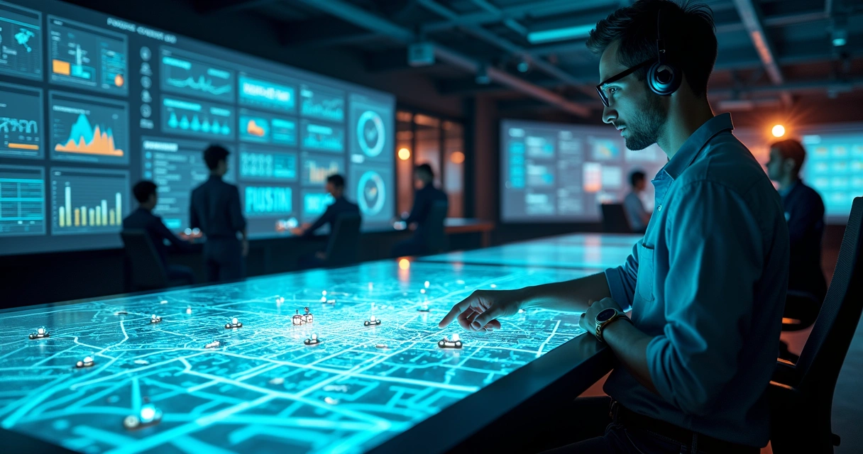 Gestor de delivery usando painel digital com mapa da cidade e pedidos em tempo real 