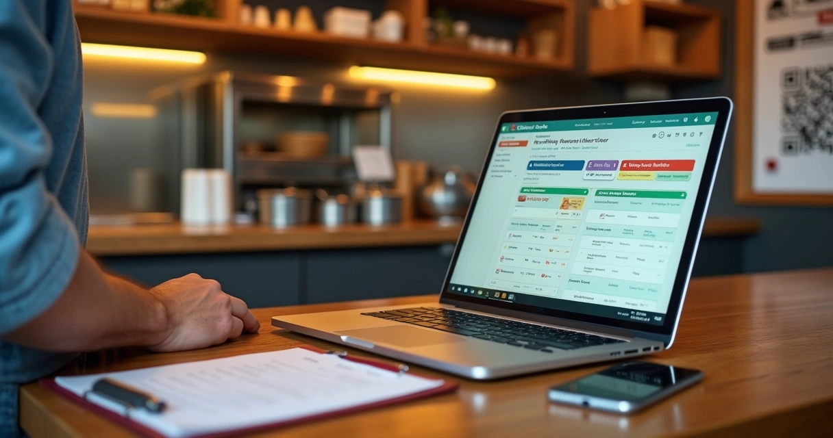 Dono de delivery usando sistema de gestão em notebook para organizar pedidos e entregas 