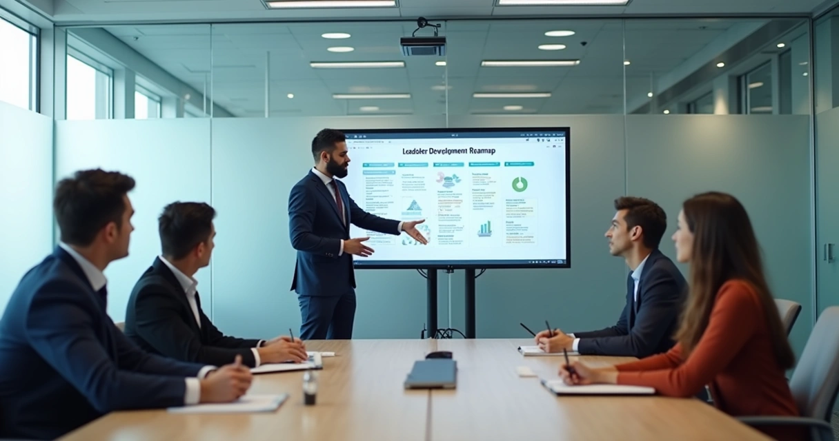 Gestor em desenvolvimento conduzindo conversa com equipe em sala de reunião 