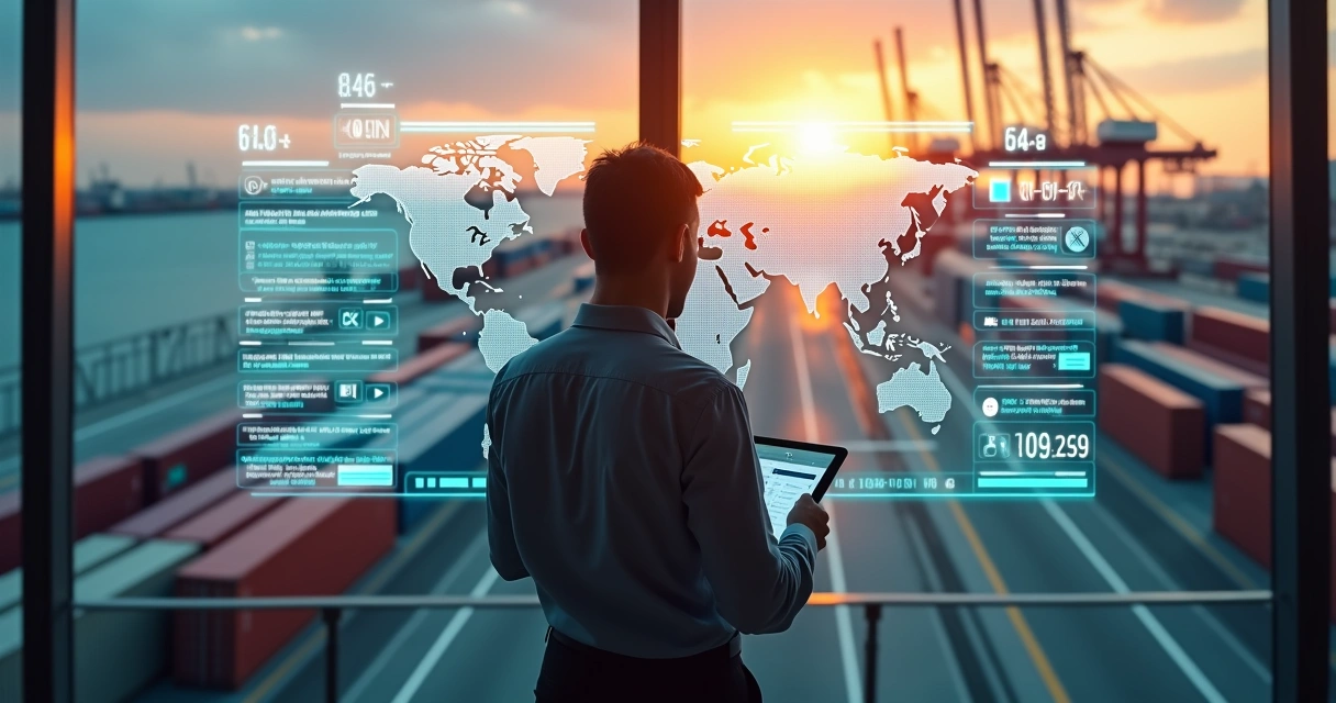 Gestor de empresa de despacho aduaneiro analisando carga em porto com painel digital 