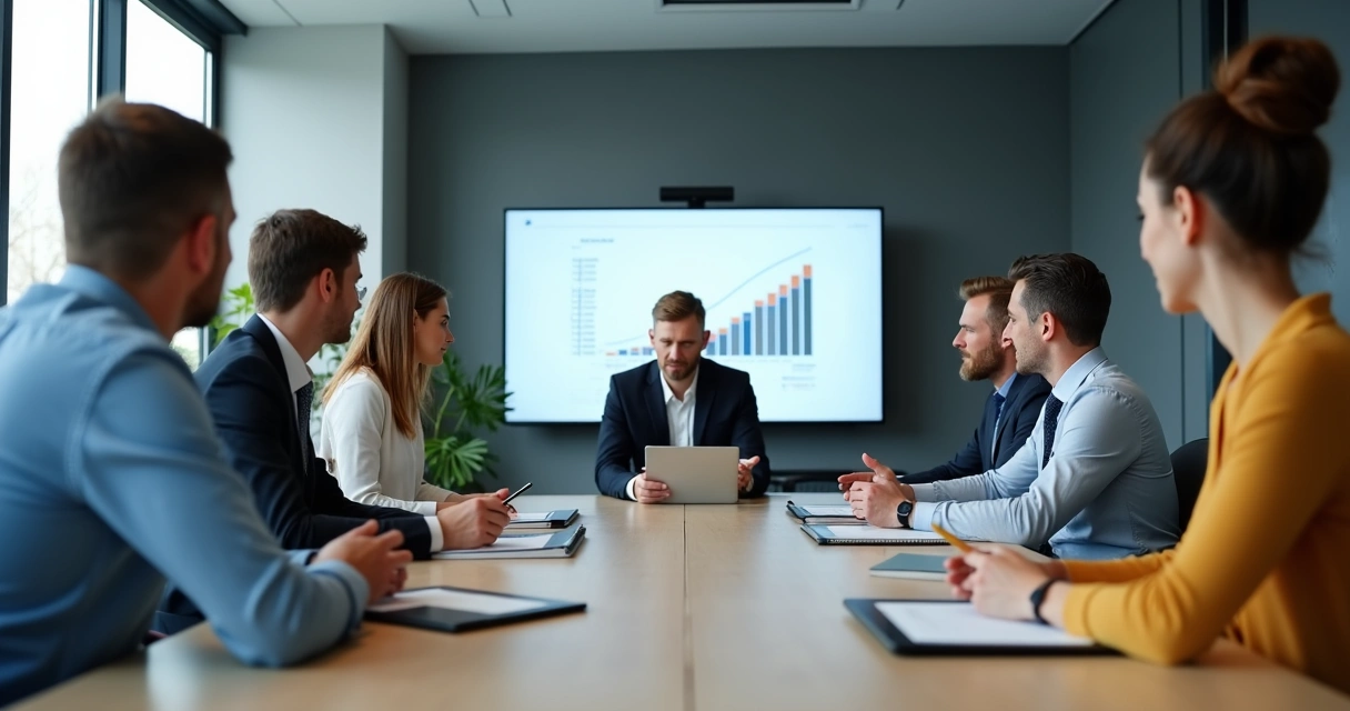 Gestor em reunião devolutiva com pequenos grupos, gráfico de desempenho na tela ao fundo 