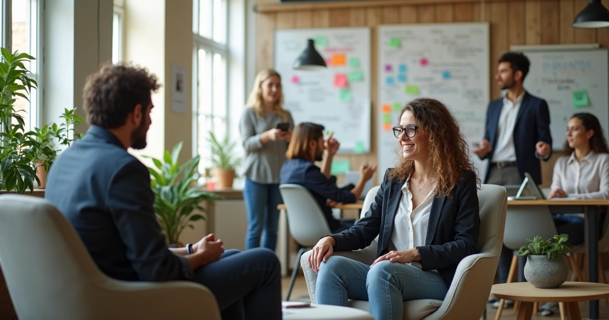 Gestor ouvindo sugestão de colega em ambiente descontraído 