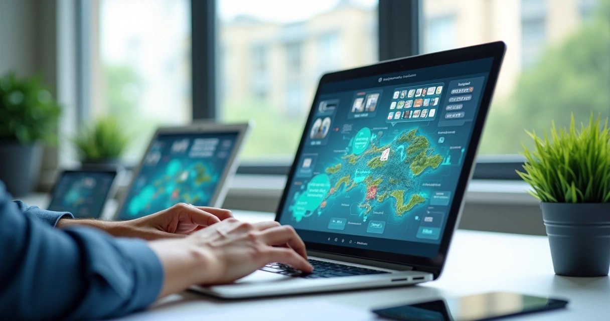 Pessoa utilizando computador com plataforma digital de gestão e mapas de terrenos na tela 