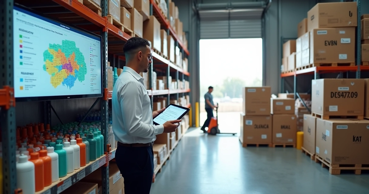 Gestor em distribuidora de cosmeticos analisando rotas e estoque no galpao 