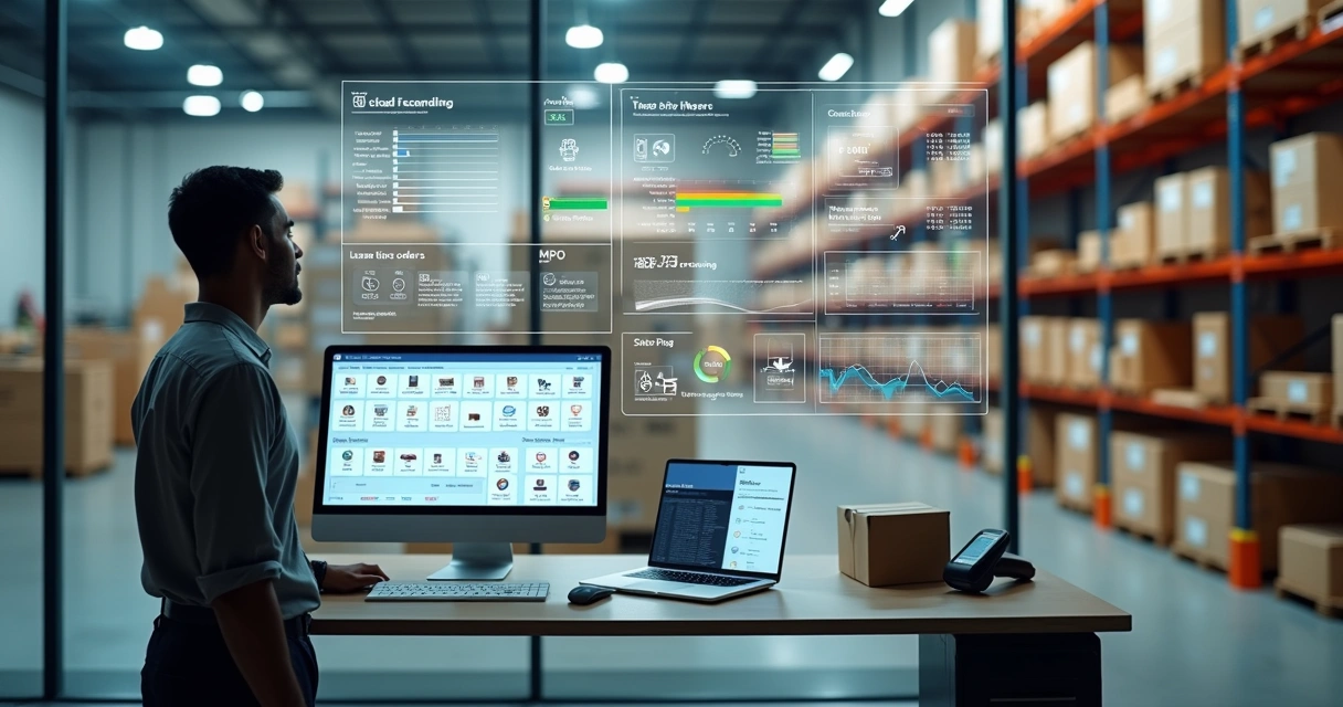 Gestor em distribuidora moderna observando painel digital de pedidos e estoque 