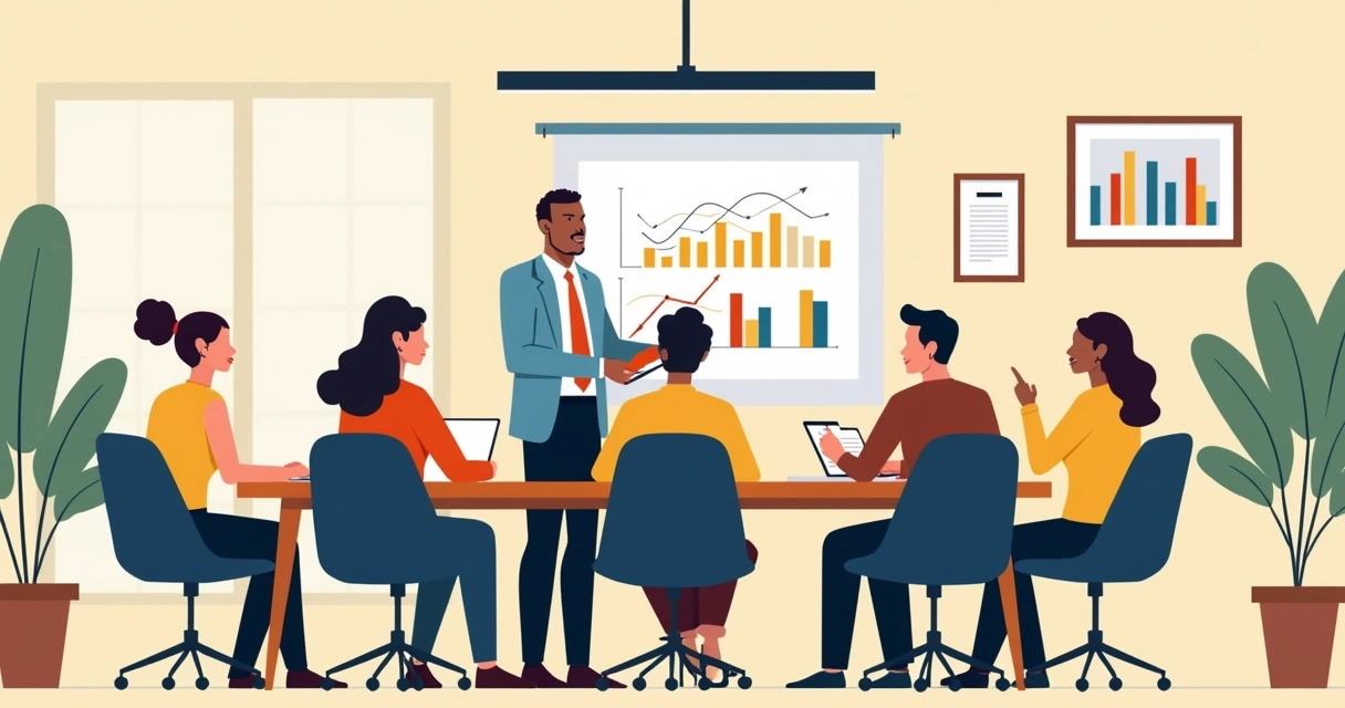 Gestor reunido com equipe diversa analisando gráficos na mesa 