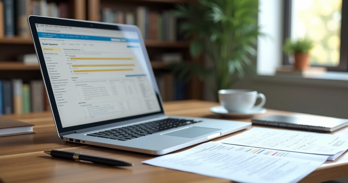 Mesa organizada com documentos de regularização fundiária, laptop aberto e caneta ao lado, ambiente de escritório moderno 