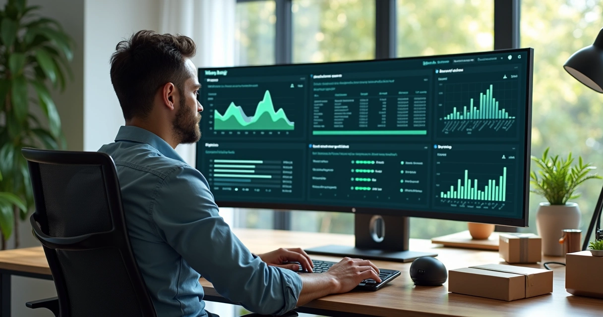 Gestor de e-commerce observando dashboard centralizado com gráficos e indicadores de vendas e estoque