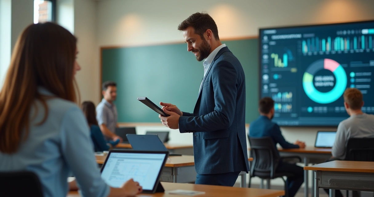 Gestor escolar analisando dados financeiros em tablet em sala moderna de escola com tecnologia digital 
