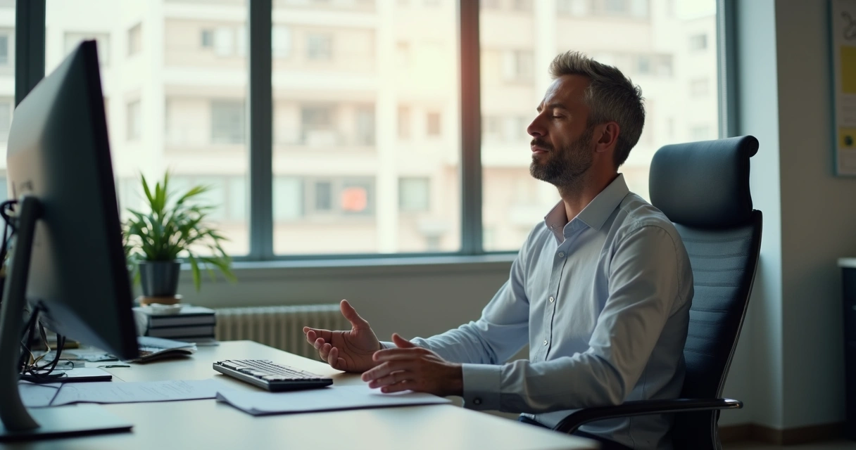 Gestor sentado isolado refletindo ou meditando, ambiente de escritório ao fundo 
