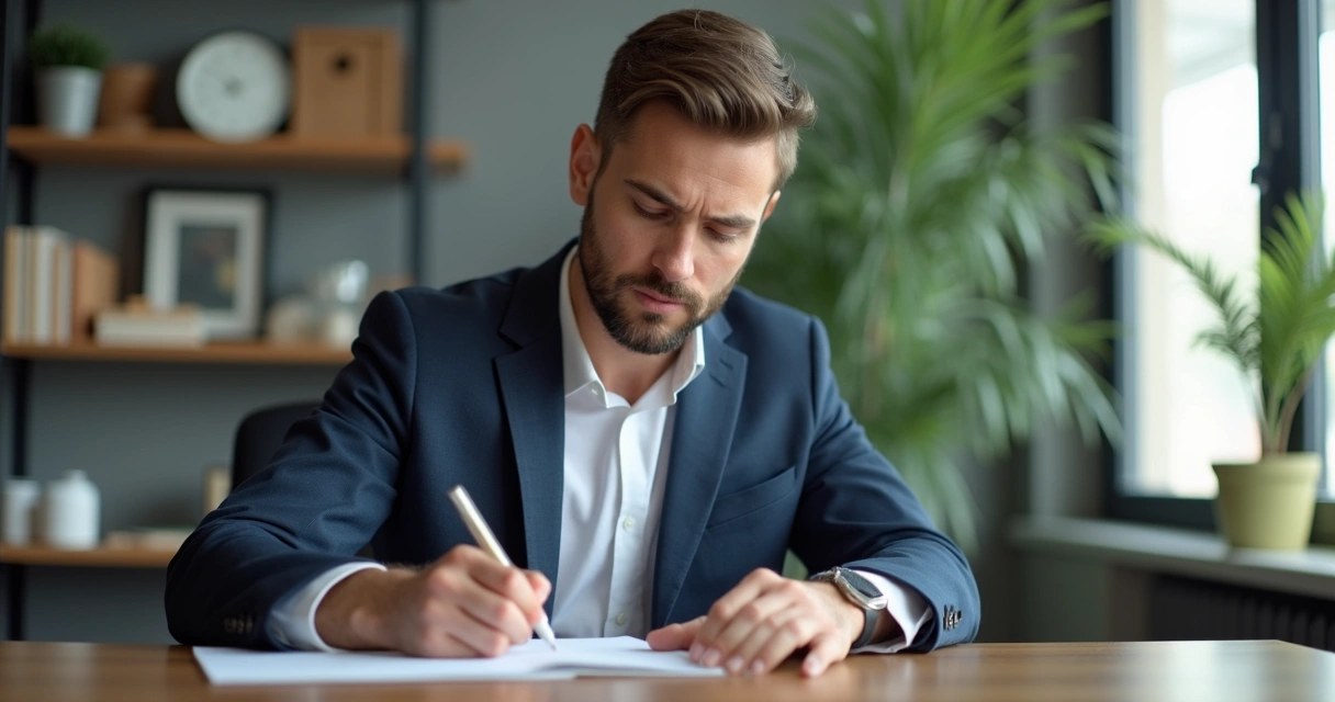 Gestor sentado à mesa, registrando emoções em bloco de notas 