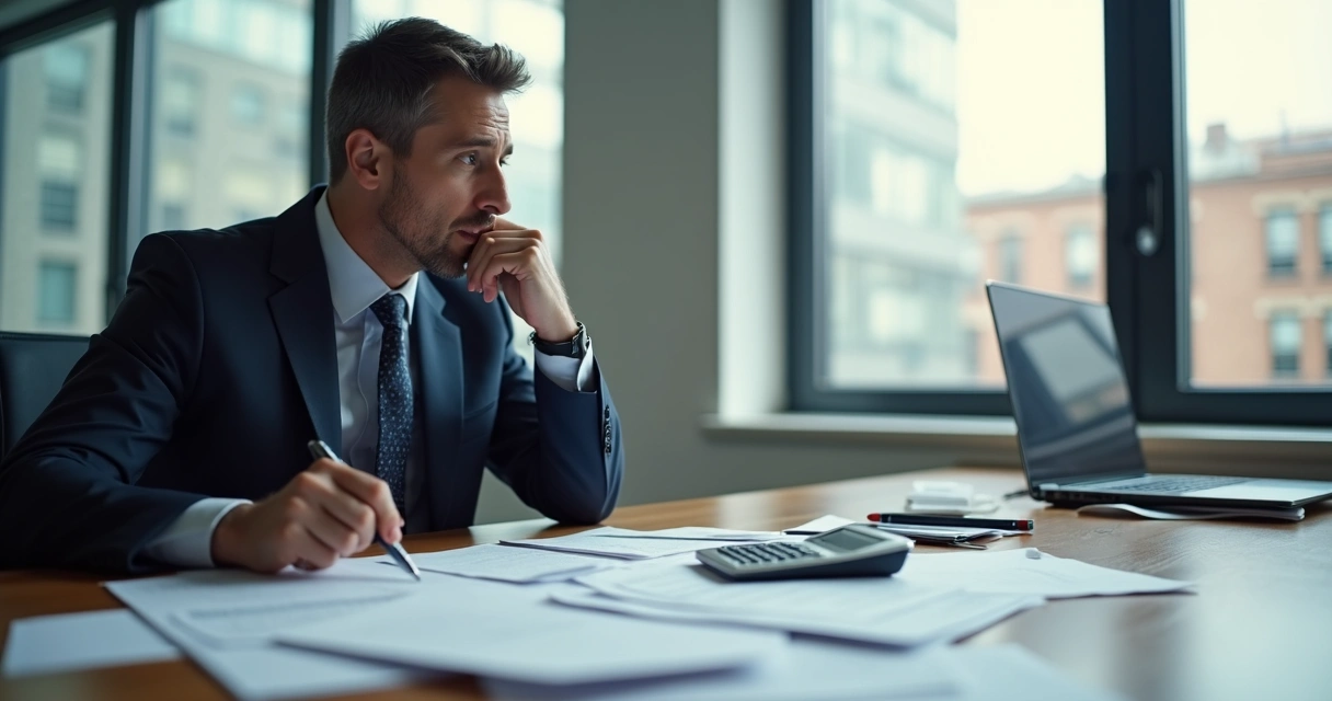 Gestor de empresa analisando documentos fiscais antigos numa mesa