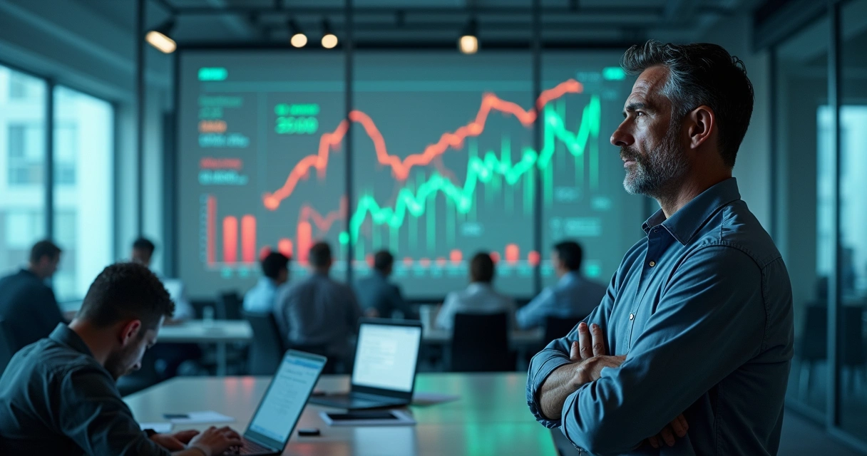 Gestor em sala de reunião olhando painel de indicadores com crescimento e operação caótica 