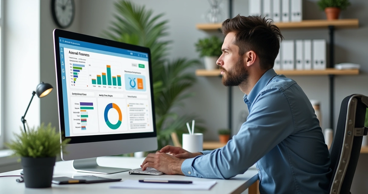 Gestor empresarial usando software de gestão financeira em tela moderna com gráficos de controle financeiro e fluxo de caixa 