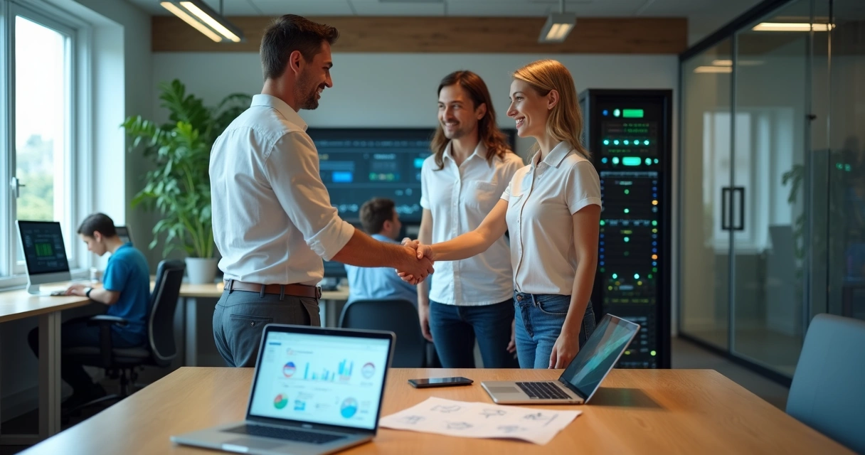 Gestor de empresa aperta a mão de técnico de TI em mesa de reunião com equipamentos tecnológicos 