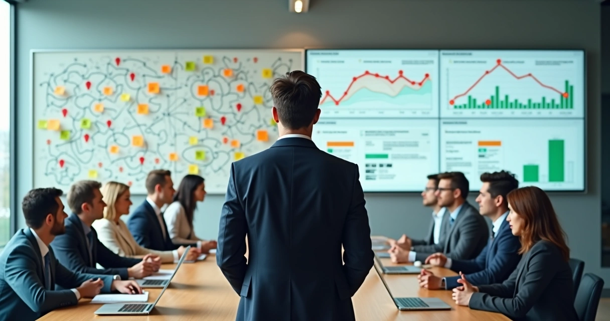 Gestor observa painel com gargalos e fluxo de crescimento da empresa 