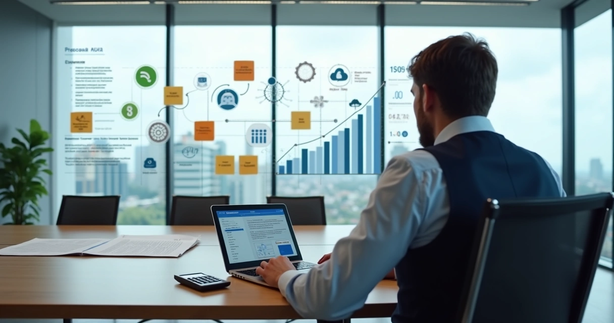 Gestor analisa opções de financiamento para projeto de inteligência artificial na empresa 