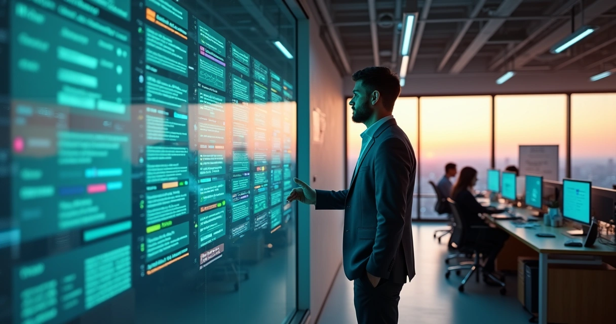 Gestor de empresa média organizando cobranças em painel digital com ícones de pagamento 