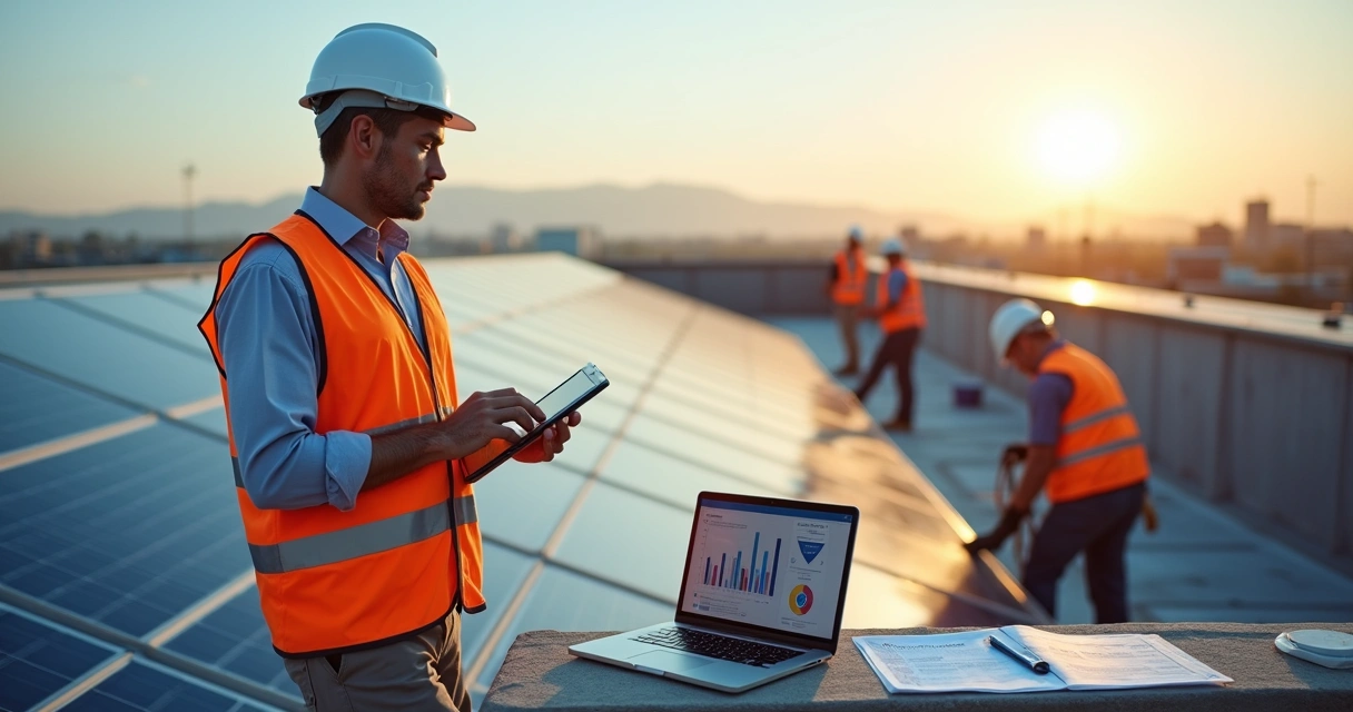 Gestor de empresa de energia solar analisando tablet em canteiro com painéis fotovoltaicos 