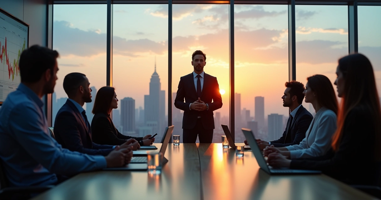 Gestor em sala de reunião respirando fundo antes de falar com a equipe 