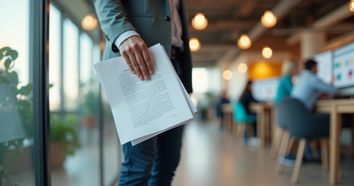 Gestor de startup segurando carta de demissão em corredor de escritório moderno 