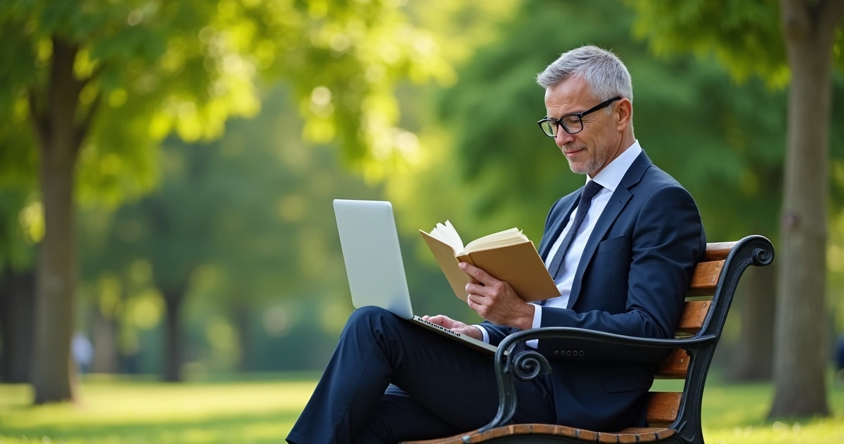 Executivo sentado ao ar livre lendo e relaxando