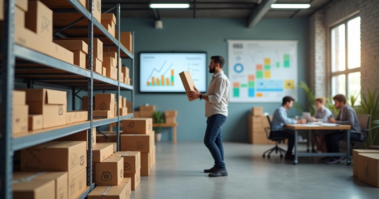 Gestor de PME organizando caixas de crescimento se equilibrando sobre linha de meta crescente 