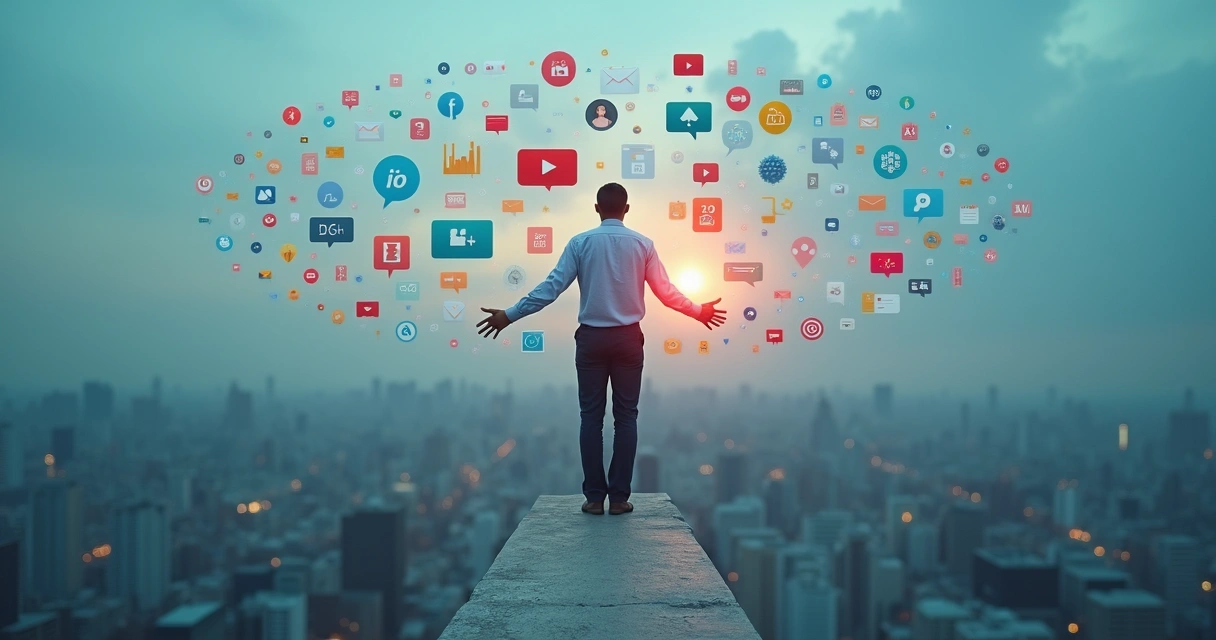 Gestor em plataforma estreita cercado por ícones digitais flutuantes 