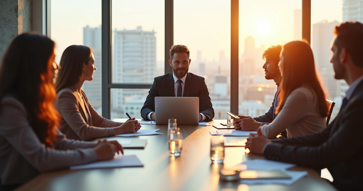 Gestor confiante conduzindo reunião com equipe ao redor de mesa 