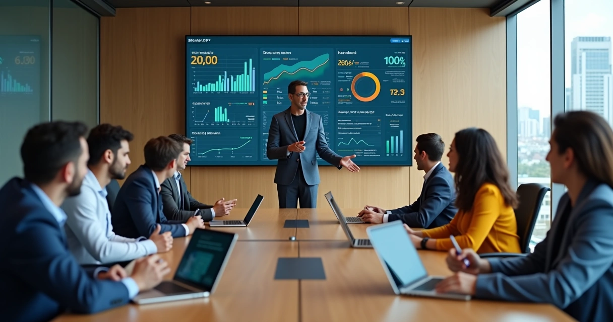 Gestor em reunião com equipe analisando painéis de dados para decisões rápidas 