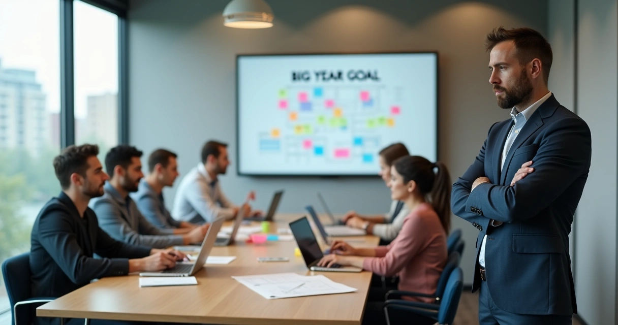 Gestor observa equipe em reunião confusa com laptops e post-its na sala 