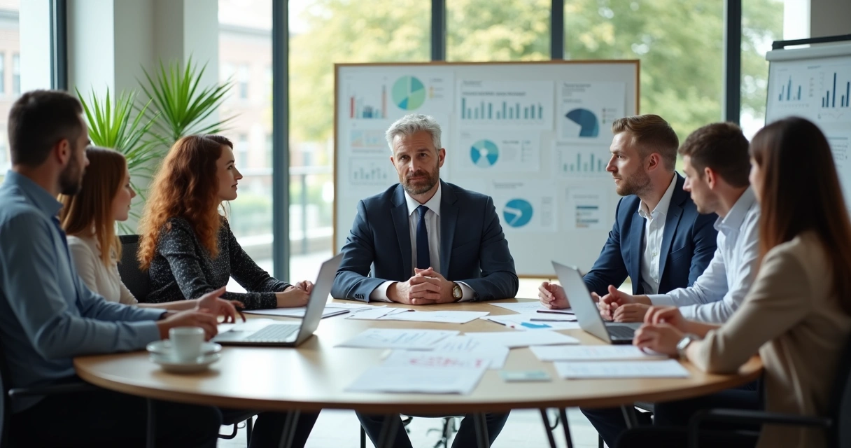 Gestor em diálogo aberto com equipe em sala de reunião profissional. 